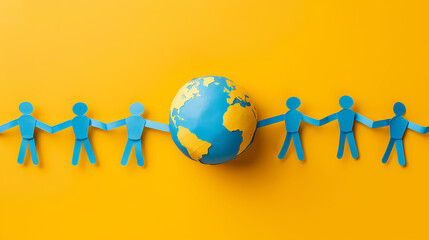 Paper People United: A chain of blue paper figures, holding hands, surround a globe, symbolizing unity, connection, and a shared future. A powerful image for environmental awareness.