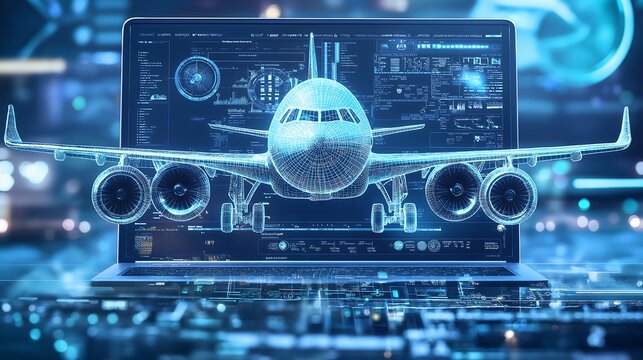 A modern laptop with the screen displaying an engineering software, on which there is also a three-dimensional airplane floating