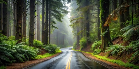 Obraz premium Scenic Winding Road Through Lush Evergreen Forest on a Misty Day