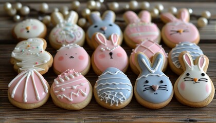 Obraz premium Easter celebration a wooden table adorned with colorful treats and festive delights