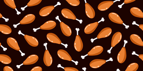 Chicken thigh cartoon seamless pattern. Chicken thigh illustration on dark background