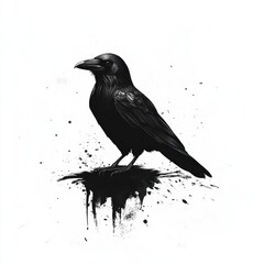 Fototapeta premium Black crow illustration on white background with ink splatters.