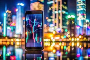 Macro Shot: Smartphone Financial Data, City Nightscape - Investment, Stock Market, Mobile Trading