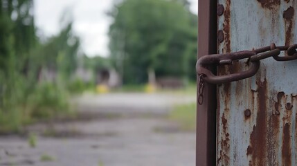 Closed factory gate with chain and padlock, symbolizing the end of an era and the transition to new beginnings. Industrial decline and the shift towards modernization and renewal.