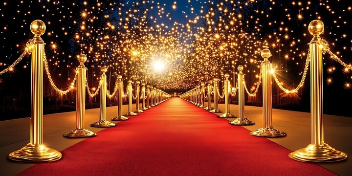 Red Carpet Pathway with Golden Stanchions and Starry Lights, Red carpet , award ceremony, celebrity, Generative Ai