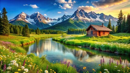 Fototapeta premium Serene mountain cabin nestled beside a tranquil river, surrounded by wildflowers and majestic peaks