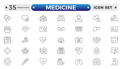 Medicine and Pharmaceutical icon set with prescription pad, medicine bottle, pill dispenser, lab test, blood donation, medical conference, and research study. Editable stroke outline icon.