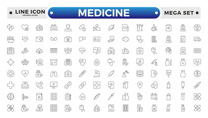 Medicine and Pharmaceutical icon set with prescription pad, medicine bottle, pill dispenser, lab test, blood donation, medical conference, and research study. Editable stroke outline icon.