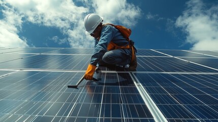 Solar Installer. panel cleaning Renova Portable panels battery energy storage materials Enpal Zeitview Neoen Renogy technician blue safety suit installing so