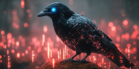 Futuristic raven with glowing eyes in digital landscape