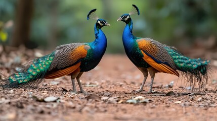 Obraz premium Two colorful peacocks performing a courtship dance, feathers spread wide
