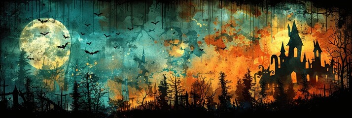Creative Halloween poster showcasing a haunted landscape with vibrant colors and spooky elements
