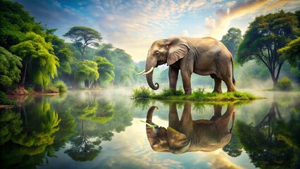 Fototapeta premium Majestic Elephant Walking Along a Serene Riverbank in Double Exposure Photography, Blending Nature and Wildlife for an Artistic Scene