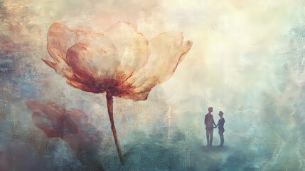 A dreamlike painting of two figures standing together, with a large ethereal flower in the background, in soft and muted tones