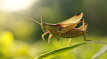 A grasshopper leaping off a leaf in a meadow.