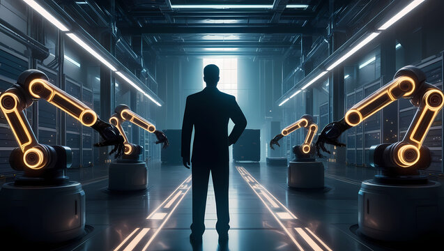 The Future of Automation: A lone figure, silhouetted against a backdrop of futuristic robotic arms, embodies the power and potential of automation in the modern world.