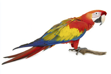 Fototapeta premium vibrant scarlet macaw perched branch, showcasing its stunning red, yellow, and blue feathers. This exotic bird is known for its beauty and intelligence, making it popular choice for bird