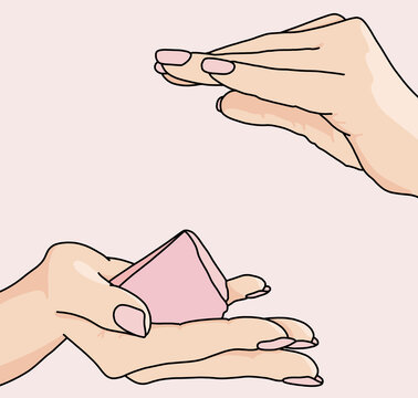 Hands With Pink Quartz and Manicure on Pastel Background