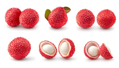 A set of Lychee isolated on a white background. It includes whole,halved and slice, all with full depth of field. --ar 7:4