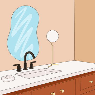 Contemporary Elegant Interior of a Modern Spacious Hotel Bathroom Vanity with White Countertop, Designed Mirror and Black Faucet Against Beige Walls