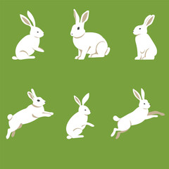 Easter bunny set. Flat style cute isolated on monochrome background. Composition. Hares and rabbits sitting and moving. Vector image. Great for Easter cards and compositions with bunnies.