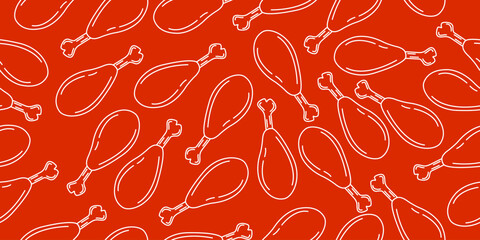 Doodle chicken thigh seamless pattern on redbackground. Chicken thigh line motif. Vector illustration