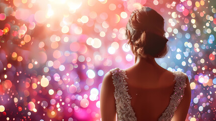 Radiant Elegance: A woman in a stunning lace gown gazes at a breathtaking bokeh backdrop, exuding grace and sophistication. The image evokes dreams, celebrations, and the magic of special moments.