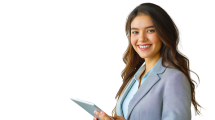 Closeup of a smiling woman in a formal blazer holding a tablet, isolated on a white background, for professional and business concepts. Ai generative.