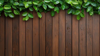 Lush green leaves adorning wooden fence nature scene close-up