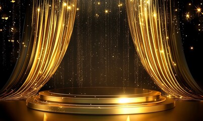 Golden Podium with Curtains and Sparkle Lights, 3D Rendering, Product Display, Luxury Background, Podium Design, Generative Ai