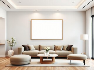 A modern living room with an empty wall art mockup, showcasing a minimalist design, modern, home