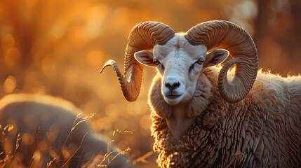 Majestic Ram in Golden Light: A striking portrait of a majestic ram with impressive horns, standing against a backdrop of warm, golden light.
