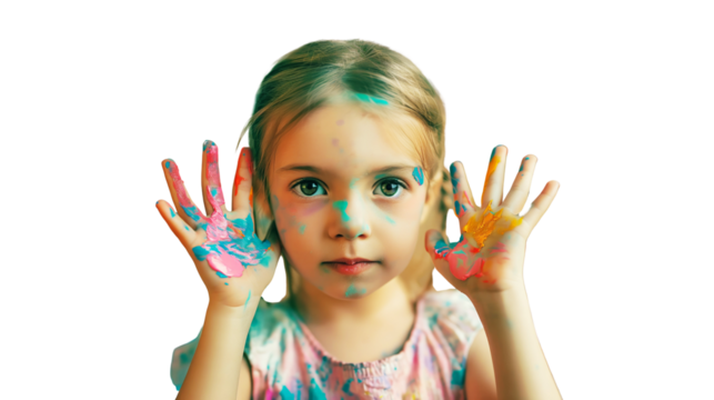 A child with paint-covered hands and face, isolated on a white background, showcasing creativity and fun. Concept of art and childhood. Ai generative.