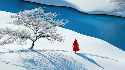 Woman in Red Cloak Walking Through Snowy Landscape Beside River