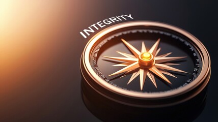 Golden ethical compass with glowing integrity text symbolizing ethics and moral principles.