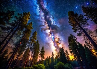 Obraz premium Milky Way Galaxy Forest Night Photography - Astrophotography Dark Sky Low Light Image