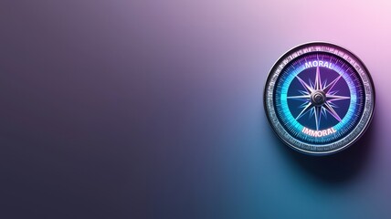Moral and immoral choices in business dilemma illustrated with glowing ethical compass on gradient background.