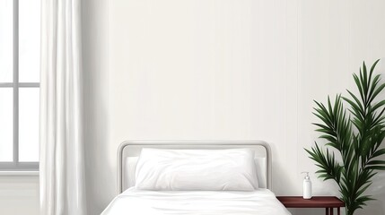 A modern bedroom featuring a minimalistic design with a bed, a small table, and a decorative plant beside a window.