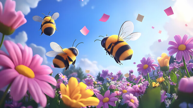 Playful cartoon bees flying over a vibrant flower field with thank you notes on International Thank You Day