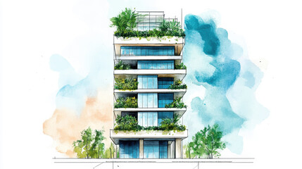 Modern eco-friendly building design featuring lush greenery and large windows.