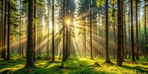 Fototapeta premium Sunbeams filtering through a dense forest at dawn
