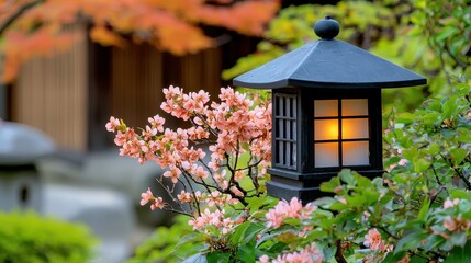 Tranquil Japanese Lantern Surrounded by Cherry Blossom Blooming Nature