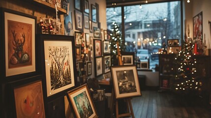 Christmas art display in cozy gallery winter wonderland photography indoor warm atmosphere