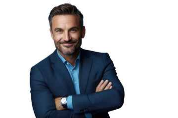 Business man in formal clothes looking at viewer with confidence and friendly smile, standing with arms crossed, isolated on blue background