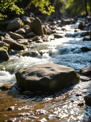 A smooth, flat rock surrounded by flowing water—ideal for nature and adventure-themed product displays.