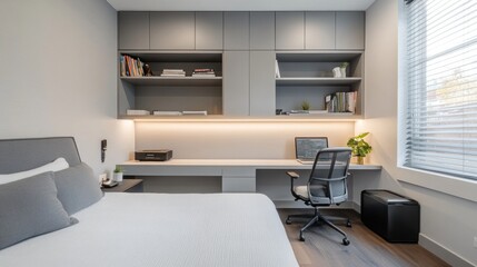 Fototapeta premium Modern bedroom with built-in desk, grey cabinets, and window.