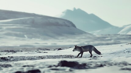 Fototapeta premium An arctic fox walking across a snowy plain with distant mountains.