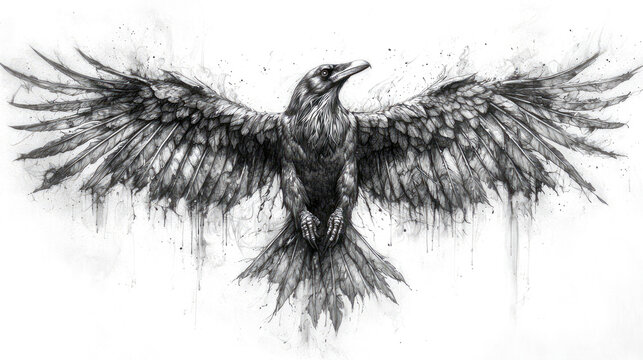 Majestic crow in flight, sketched in monochrome.