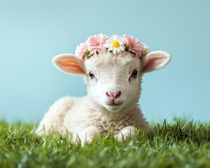 Fototapeta premium A baby lamb with a flower crown lying on green grass under a pale blue sky, with 70% space left above for text.