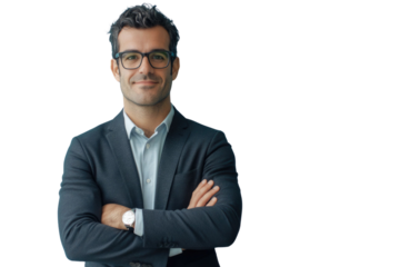 Business man in glasses and formal clothes looking at viewer with confidence and friendly smile, standing with arms crossed, isolated on blue background